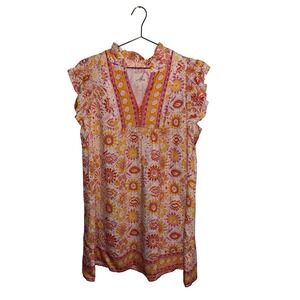 Umgee Floral Print Ruffle Sleeve V-Neck Boho Mini Dress Orange Pink M NWT